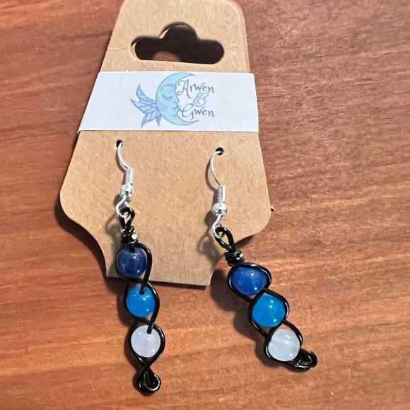 Black Wire Braided Earrings with Blue and WhIte Glass Beads - Picture 2 of 2